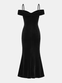 SHEIN Leap Crew Tween Girls' Velvet Solid Color Off-Shoulder Slit Fishtail Dress
