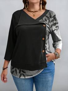 EMERY ROSE Camiseta de manga larga de talla grande para mujer con estampado y unicolor para el otoño