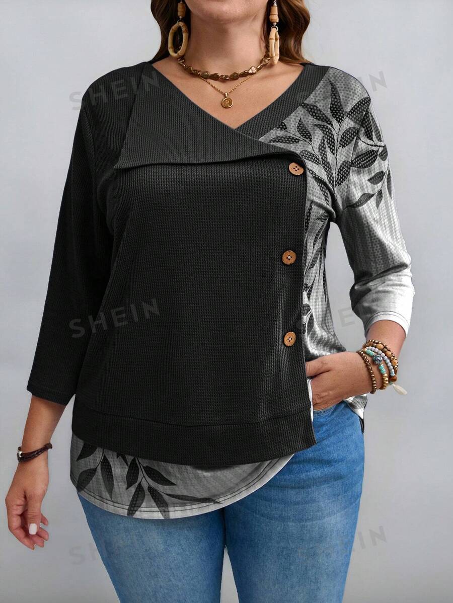 EMERY ROSE Camiseta de manga larga de talla grande para mujer con estampado y unicolor para el otoño