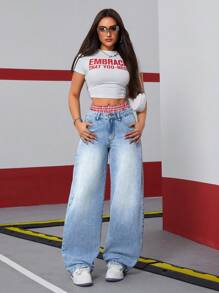 SHEIN ICON Damen Karomuster Gürtel Hüftjeans mit weiter ausgestellter Passform in ausgewaschener Optik