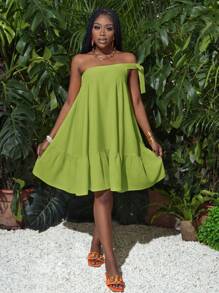 Slaydiva Vestido Curto Feminino Casual de Férias de Verão na Praia, Amarelo, Solto, Manga Única, Laço, Babado na Barra - Verde Oliva - Visão 1