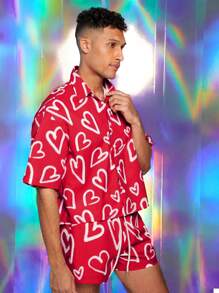 FeverCity Men's Digital Love Print Loose Woven Short Sleeve Shirt Set, Suitable For Summer