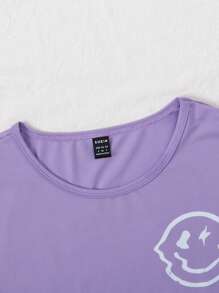 SHEIN 秋冬女士正面印花 & 背面字母标语印花长袖圆领 T 恤，母子装（2 件分开出售） - 紫色 - 查看 5