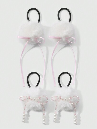 Kawaii Set da 4 Elastici per capelli stile coreano, minimalisti, eleganti e delicati, in peluche bianco di alta qualità, fatti a mano con perline, nastro finto di perle e cristalli, adatti a donne e ragazze, ottimi per uso quotidiano o come regalo per le vacanze