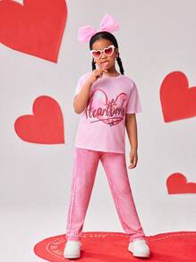 Conjunto de 2 piezas para niñas preadolescentes que incluye camiseta de manga corta con estampado de corazón rosa y pantalones largos con textura de mezquita, diseño de moda y alegre adecuado para la escuela, salidas, primavera/verano