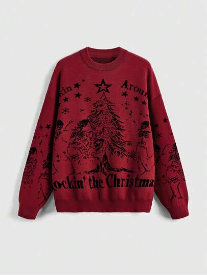 Goth Dark Christmas Dancing Skeleton Intarsia Pattern Oversized Pullover Sweater