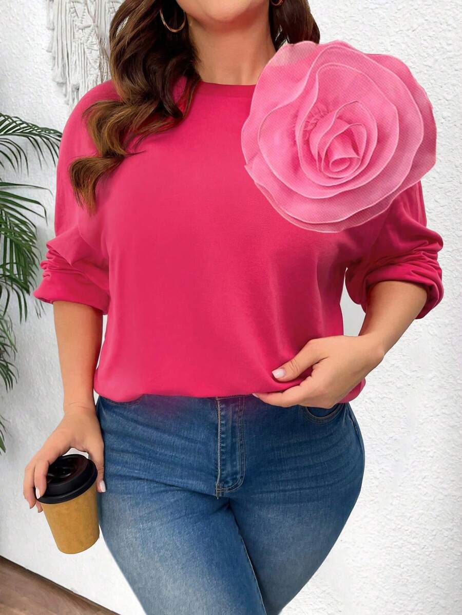 SHEIN Clasi Sweatshirt à col ras-du-cou à manches longues pour femme grande taille avec appliqué 3D en forme de rose - Rose vif - Voir 1