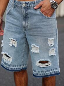 Manfinity Homme Men's Casual Washed Ripped Denim Shorts - Blue - View 6