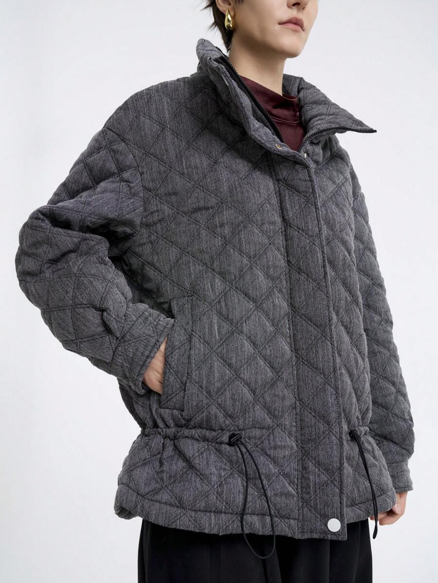 SHEIN Clasi معطف نسائي برتلات منساة، أكمام طويلة، مزخرف بشكل مربعات ، به سحاب, ذو جيوب وفصوص من الصوف, ملابس شتوية - رمادي غامق - مشاهدة 1