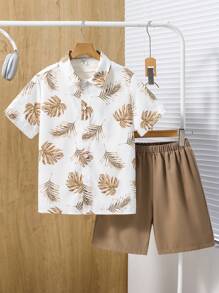 SHEIN Bộ 2 áo sơ mi hoa ngắn tay và quần short thường ngày cho bé trai tuổi mới lớn, thích hợp mặc khi đi làm, đi học, thường ngày, thể thao, xuân/hè, du lịch & bãi biển - Màu Khaki - Xem 3