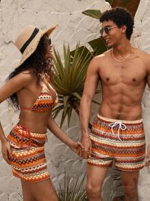 Manfinity VDAYZ Men's Beach Shorts Couples Matching Swimwear Drawstring Waist Front Tie Pocket Geometric Print Beach Vacation Hawaiian