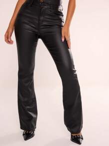 MUSERA Faux Leather Skinny Flare Denim Trousers, Spring 90's Cute Sexy Summer Evening Party Elegant - Black - View 2
