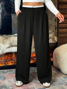 SHEIN EZwear 大码复古拼布腰带休闲直筒裤，适合秋冬女士毕业、返校、教师服装 - 黑色 - 查看 4