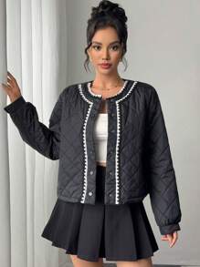 SHEIN Privé Women Casual Contrast Color Trim Winter Jacket - Black - View 4