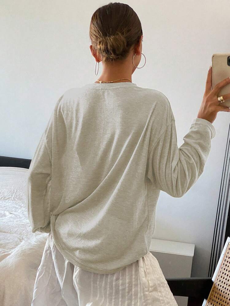 Women's Round Neck Solid Color Casual Long Sleeve Top,Ladies Casual Drop Shoulder Round Neck Loose Khaki Plain Women Tops,Spring/Fall,Casual Daily Wear Summer