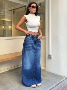 EURMUSE 100% Cotton WOMEN MID WAIST MAXI SKIRT - Dark Wash - View 3