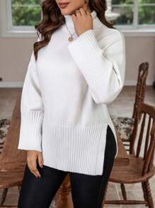 Calvaya Plus Turtleneck Drop Shoulder Split Hem Sweater, For Winter Knit Pullover Fall Sweater - White - View 1