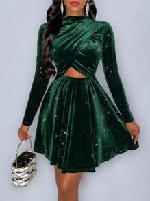 Zolique 女士纯色长袖立领鸡尾酒会婚礼舞会性感连衣裙绿色天鹅绒连衣裙