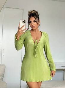 SHEIN SXY Women's Autumn Solid Color Deep V-Neck Mini Dress,Dresses For Women Summer,Cruise Outfits Women,Women Dresses Summer,Valentine's Day