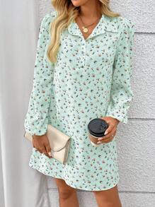 SHEIN LUNE Ditsy Floral Casual Dress, Minimalist & Fashionable For Daily Wear - Blue - View 5