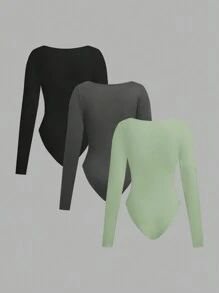 SHEIN EZwear Conjunto de 3 piezas de body de manga larga con cuello cuadrado para mujer - Multicolor - Ver 2