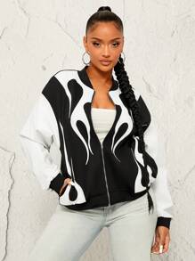 SHEIN SXY Chaqueta casual de estilo urbano de moda con estampado de llama en patchwork de PU para mujer, otoño/invierno - Blanco y Negro - Ver 3