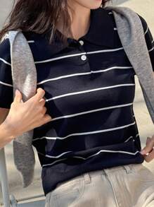 DAZY Women Point Collar Short Sleeve Striped Knitted Top - Navy Blue - View 1