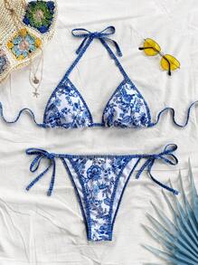 Soleia 2 piezas Conjunto de bikini estampado de vacaciones para mujer