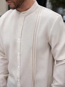 Manfinity Homme 男士休闲商务通勤纯色长袖纽扣衬衫，男士纯色纹理休闲皱褶双贴袋通勤轻熟长袖纽扣衬衫，适合秋季 - 杏色 - 查看 3