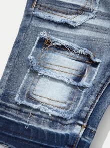 SHEIN Pantalones cortos vaqueros azules de niño con lavado desgastado retro, bolsillos con ribetes crudos, y efecto bigotes de gato, elásticos, para ropa de niños de primavera/verano y atuendos de estilo urbano