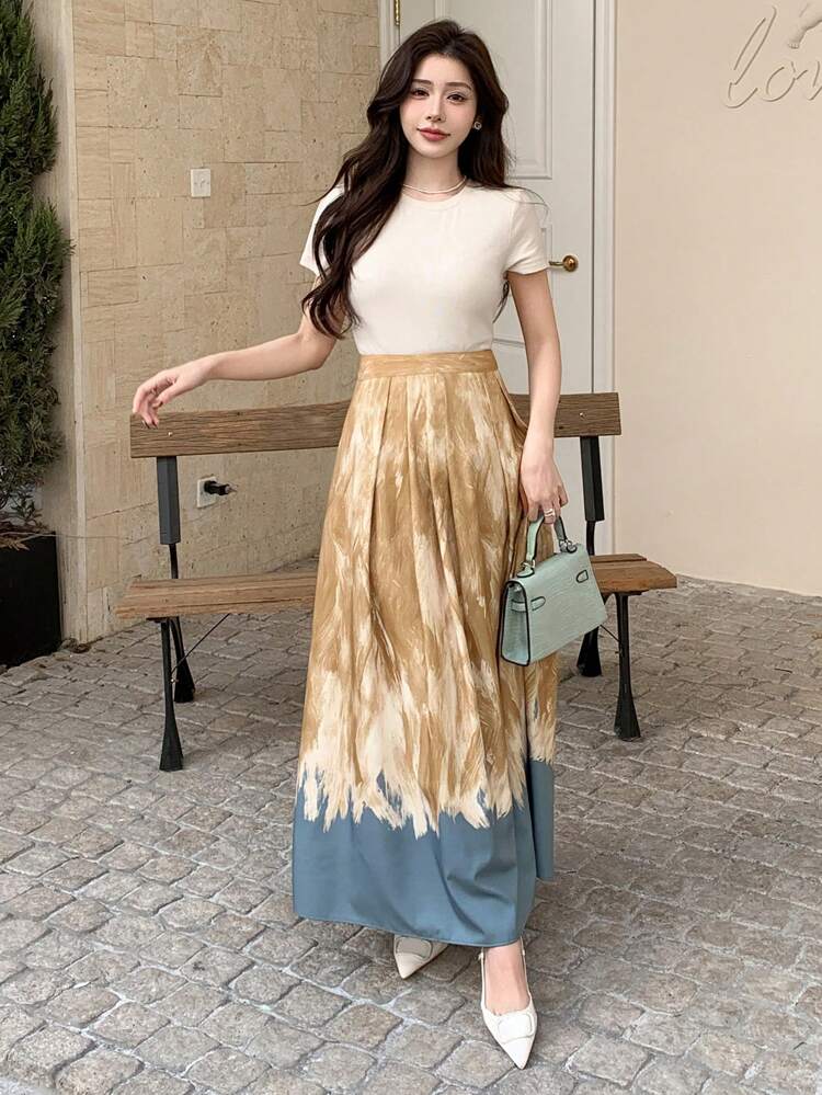 Women Oil Painting Printed High Waist Pleated Maxi Casual Skirt Fall Skirts