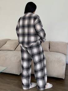 Dazy Plus Conjunto de pijama de camisa y pantalones holgados de estilo casual para mujer de talla grande, adecuado para todas las estaciones, ropa cómoda, prendas de otoño e invierno - Neblina azul - Ver 2