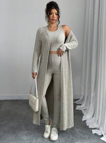 Flirla Women Plus Size Solid Color Long Sleeve Open Front Jacket, Round Neck Cropped Vest And Pants Casual 3-Piece Set, Autumn - Grey - View 1