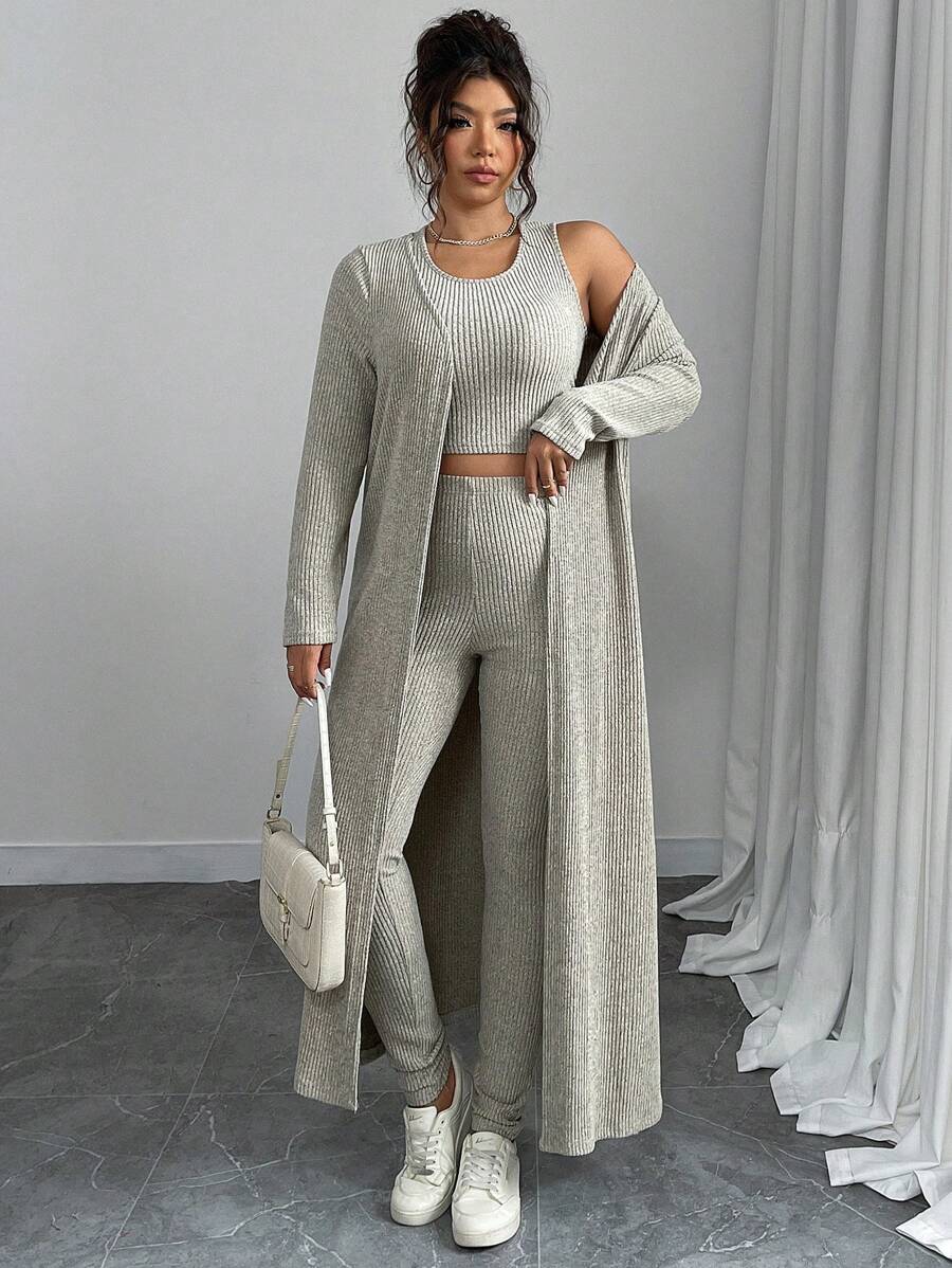 Flirla Women Plus Size Solid Color Long Sleeve Open Front Jacket, Round Neck Cropped Vest And Pants Casual 3-Piece Set, Autumn - Grey - View 1