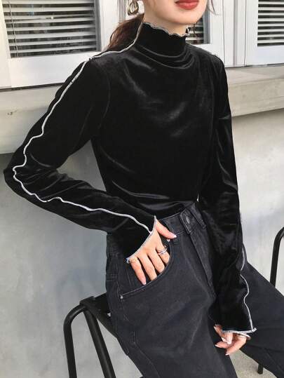 FRIFUL 女式天鹅绒撞色高领T恤，秋冬长袖上衣