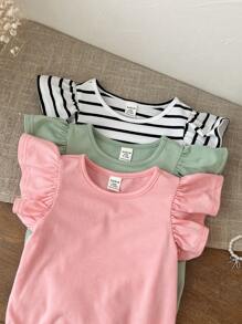 SHEIN LMoss Kids LMoss 3pcs Newborn Baby Girl Cute Summer Knitted Striped Ruffle Bodysuit Set - Multicolor - View 6