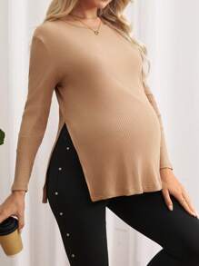 SHEIN Maternity Ribbed Knit Split Hem Tee Autumn Long Sleeve T-Shirt - Khaki - View 1