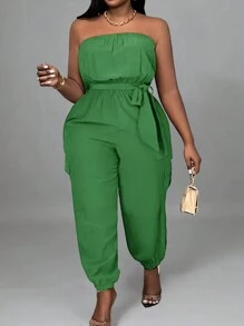 Slaydiva Mono informal de unicolor de talla grande para mujer, con estilo halter, cinturón, bolsillos y piernas acampanadas