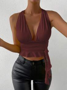 Zolique Fashionable Sexy Solid Deep V-Neck Cropped Backless Halter Top - Redwood - View 3