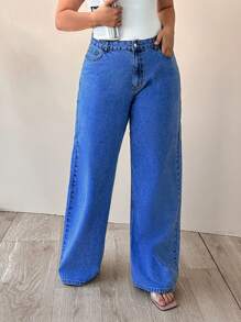 EURMUSE 100% Cotton HIGH WAIST WIDE LEG CUT PLUS SIZE  JEAN - Dark Wash - View 8