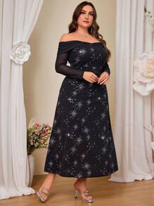 SHEIN Belle Plus Size Knitted Contrast Mesh Black Waist-Cinched A-Line Dress, Wedding Guest Dress Music Festival  Spring/Summer - Black - View 1