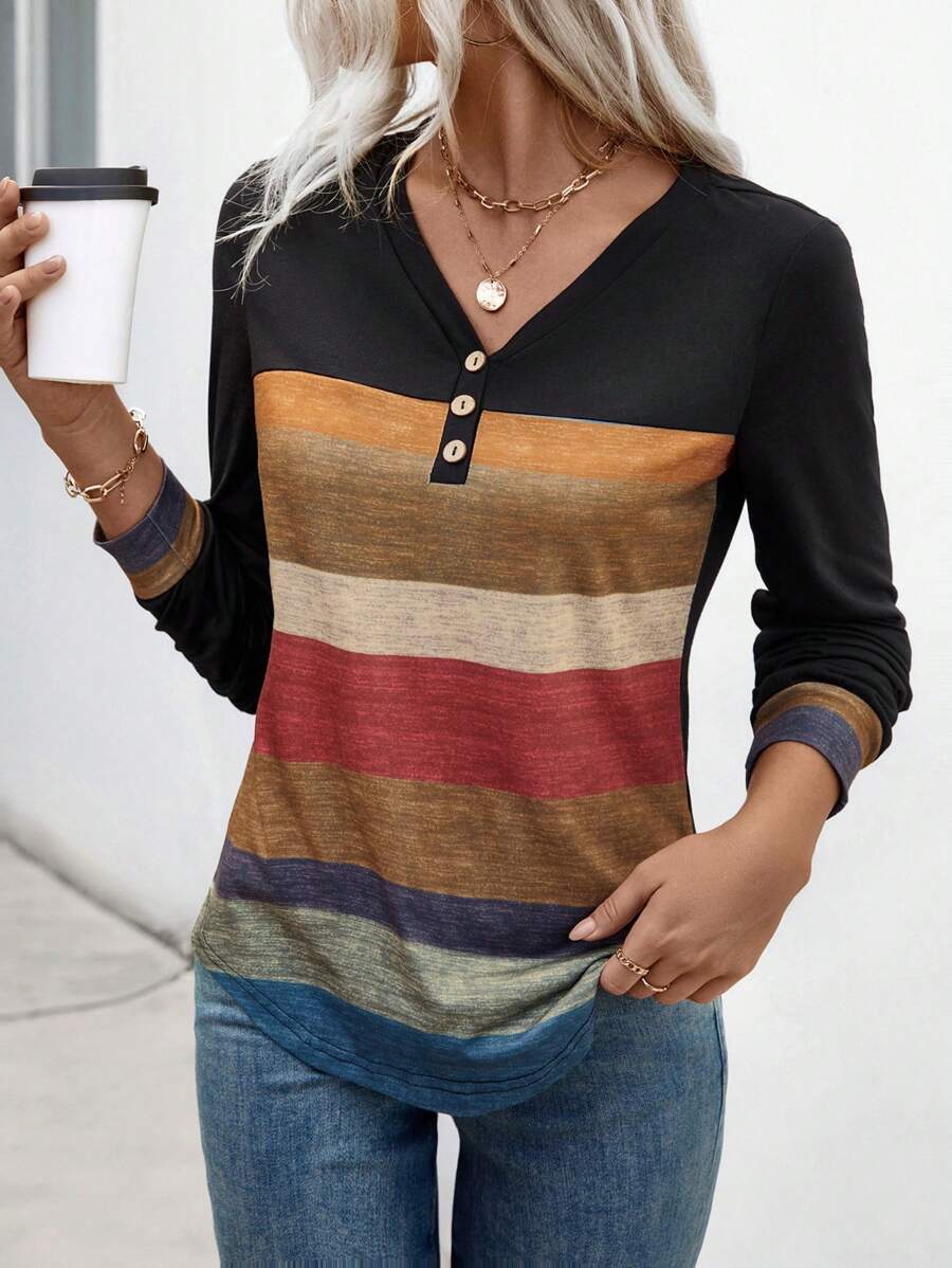 SHEIN Tall 女式 V 领纽扣长袖条纹印花拼布休闲针织 T 恤，随机印花图案 T 恤女式春季上衣 - 彩色 - 查看 1