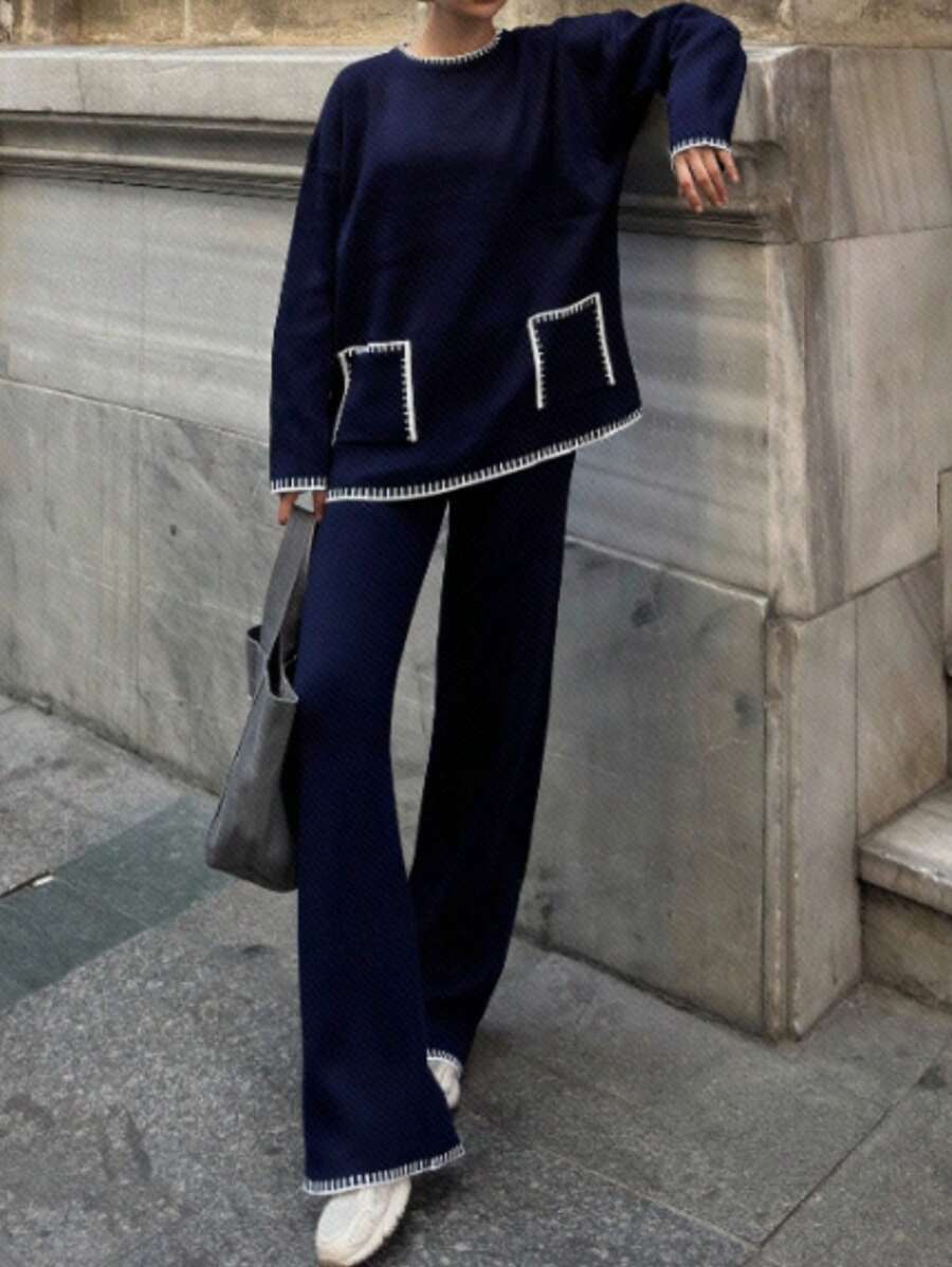 INAWLY 2 piezas Conjunto informal y suelto, suéter y pantalones de pierna recta, otoño/invierno - azul real - Ver 1