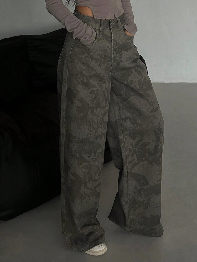 Women's Casual Leaf Print Wide Leg Jeans