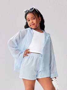 SHEIN Tween Girl Casual Fashionable Ruffled Blouse Paired With Matching Bottom, 2pcs Set, & Sweet, Comfortable Soft Fabric Suitable For Outdoor, Casual Gatherings, Vacation, School And Other Occasions - Multicolor - View 4