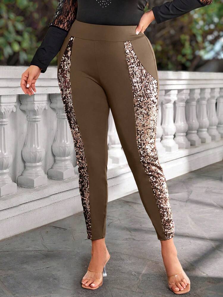 Plus Size Women's Brown Fabric Exotic Sequin Patchwork Elegant Party Tight Leggings,Winter Clothes For Women
