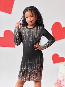 Vestido negro de manga larga con cuello redondo, degradado y brillo, con estampado gráfico para niñas preadolescentes. Bellamente diseñado, adecuado para todas las estaciones, eventos formales, salidas y para ir a juego