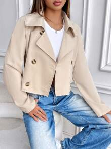 Lunelith SHEIN Lunessa Women's Minimalist Elegant Short Loose Apricot Trench Coat With Frayed Edges Fall Winter Cloth For Women