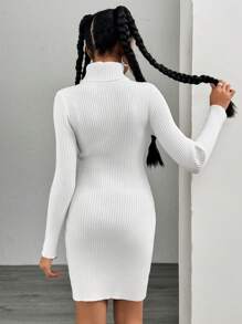 Teen Girls Bodycon Super Elastic High Neck Short Rib Knit Split Hem Sweater Dress, Suitable For Shopping And Layering In Autumn/Winter - White - View 2