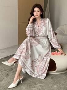 DAZY Bohemian Style Floral Print V-Neck Mid-Length Dress For Women, Spring,Fall Dress Long Sleeve Dress Vacation Outfits Women - Khaki - View 1